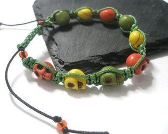 Halloween Sugar Skulls  day of the dead Macramé Green adjustable Bracelet  Orange Yellow Olive
