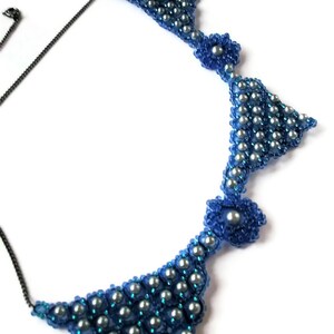 Statement Jewellery Blue Bead work Abstract triangular Necklace Silver Blue Glass pearls triangle collar flower links image 4