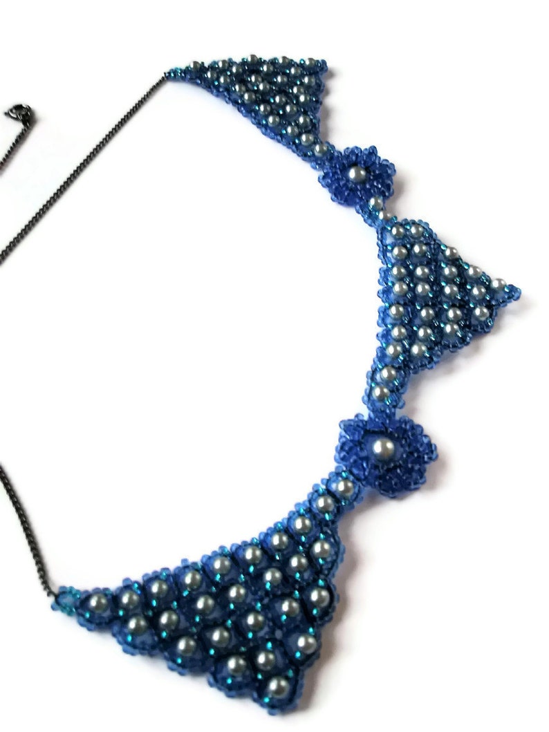 Statement Jewellery Blue Bead work Abstract triangular Necklace Silver Blue Glass pearls triangle collar flower links image 4