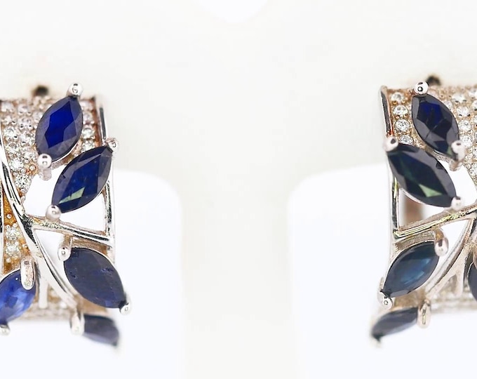 925 Sterling Silver Blue Sapphire Leaf Earrings Marquise Cut Dangle Earrings Gift for Her