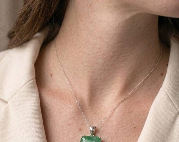 Natural Emerald Pendant in Silver Setting | Rectangular Cut Green Gemstone Necklace Charm