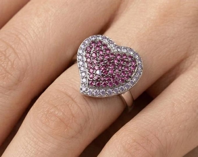 Pink Heart Ring Sterling Silver Romantic Statement Ring Pave Crystal Jewelry Gift for Her