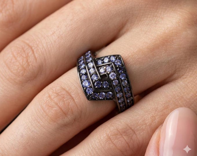 6.29g Modern Geometric Tanzanite Ring – Pavé Set Statement Band in Silver Tone