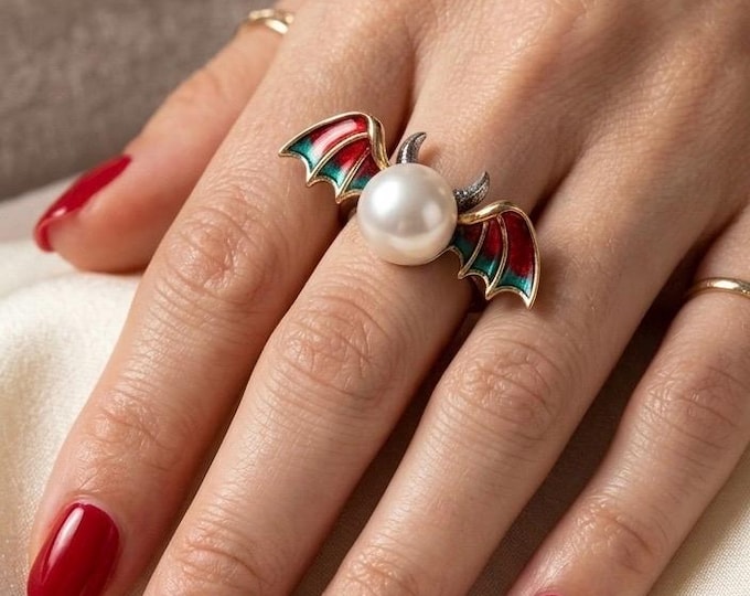 Fantasy Pearl Bat Ring Gothic Silver Wing Jewelry Cute Vampire Style Statement Ring Gift for Her