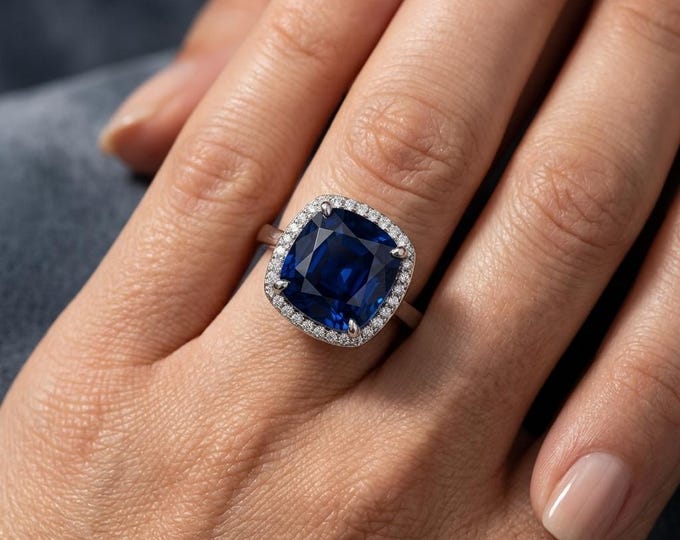 Natural Blue Sapphire Halo Ring Cushion Cut Sapphire Engagement Ring White Gold Promise Ring Gift for Her