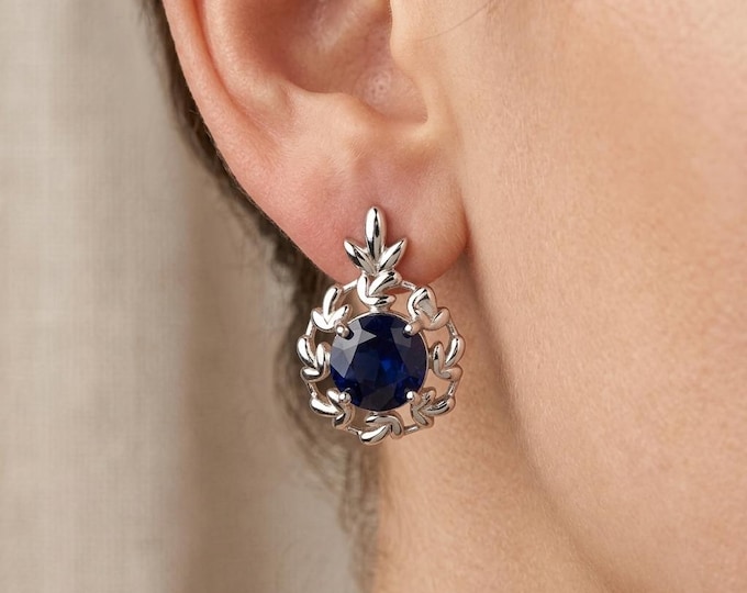 Natural Blue Sapphire Stud Earrings Sterling Silver Floral Leaf Earrings Vintage Style Gemstone Jewelry Gift for Her