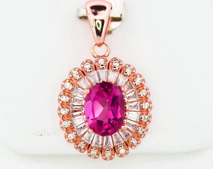Pink Sapphire Halo Pendant 925 Sterling Silver Necklace Gift for Her