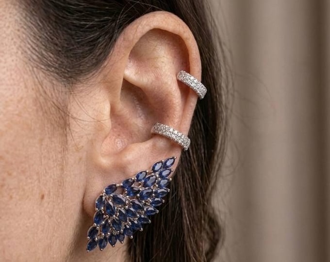 Blue Sapphire Ear Cuff Earrings Sterling Silver Wing Style Statement Jewelry Gift for Her