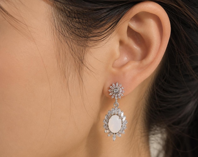 925 Sterling Silver White Opal Dangle Earrings Vintage Floral Drop Earrings Gift for Her