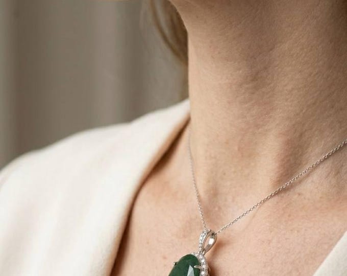 Natural Emerald Pendant Necklace Sterling Silver Green Gemstone Halo Jewelry Gift for Her