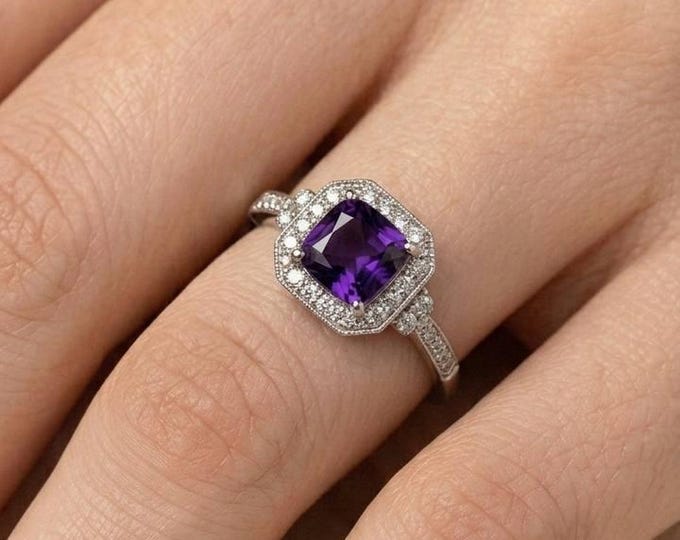 Amethyst Halo Ring Sterling Silver Purple Gemstone Engagement Ring Vintage Style Gift for Her
