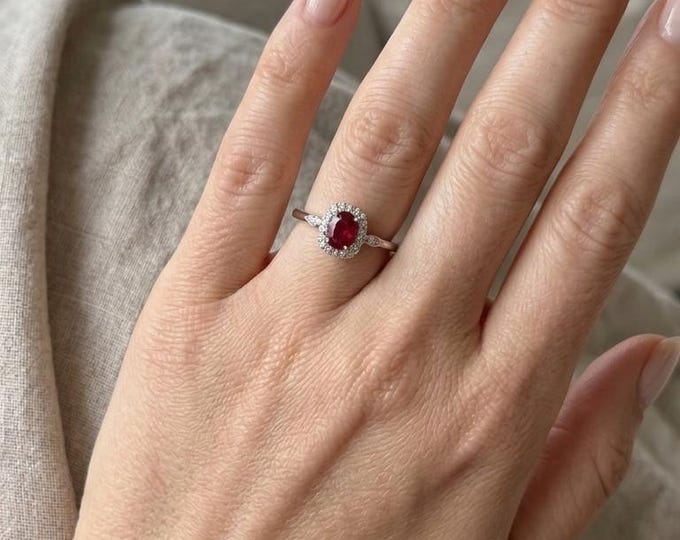 Ruby Halo Ring Sterling Silver Diamond Accent Vintage Style Engagement Ring Gift for Her
