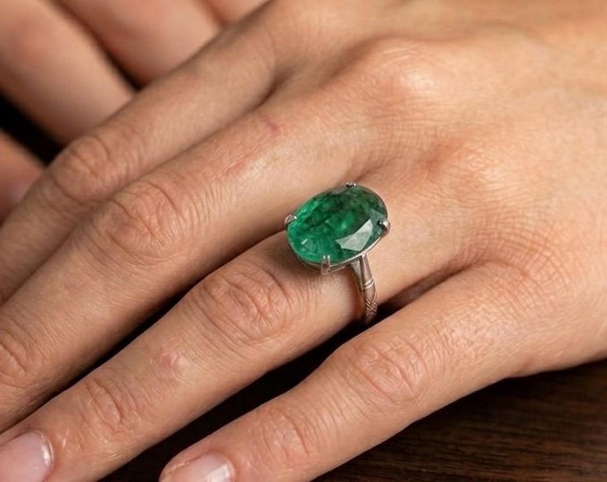 Natural Emerald Ring Sterling Silver Green Gemstone Statement Ring Oval Cut Jewelry Gift for Her