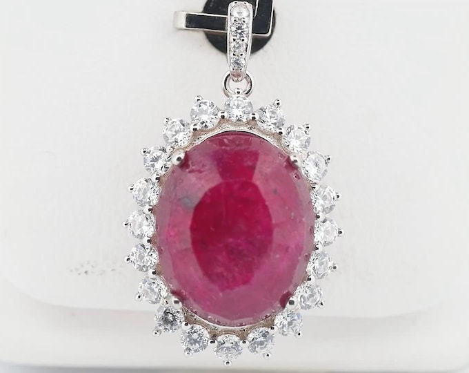 925 Sterling Silver Ruby Red Halo Pendant Oval Cut Statement Necklace Gift for Her