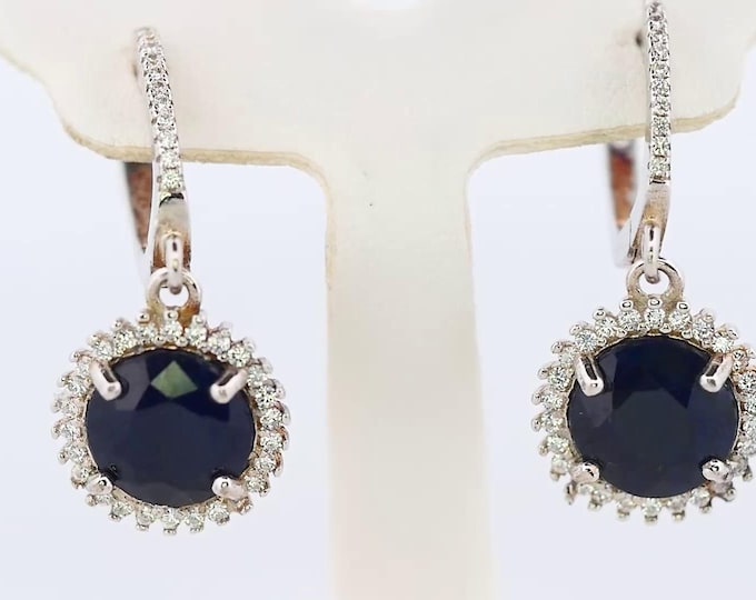 925 Sterling Silver Black Sapphire Halo Dangle Earrings Elegant Round Drop Earrings Gift for Her