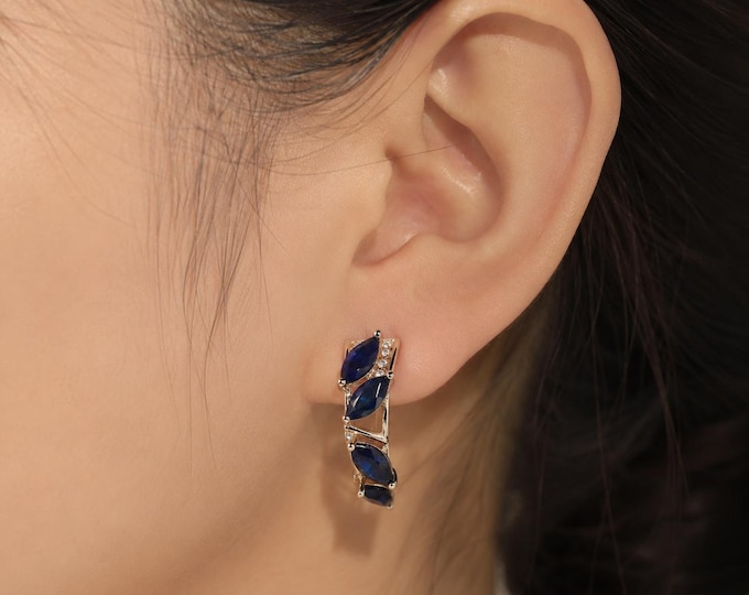 925 Sterling Silver Blue Sapphire Leaf Earrings Marquise Cut Dangle Earrings Gift for Her