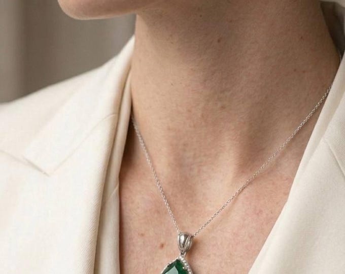 3.41ct Elegant Emerald Pear Pendant Silver Tone Statement Jewelry