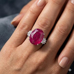 Puede incluir: Un anillo de plata con un gran rubí de corte ovalado. El rubí es de color rojo intenso y está flanqueado por grupos de piedras preciosas más pequeñas y claras a cada lado. El anillo se lleva en un dedo.