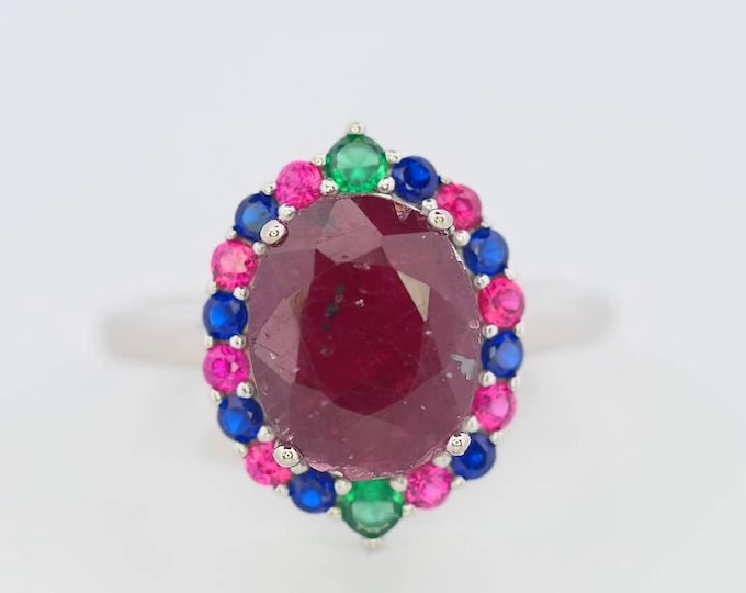 Natural Ruby Sapphire Emerald Cocktail Ring Multicolor Gemstone Halo Ring Vintage Style Statement Jewelry Gift for Her
