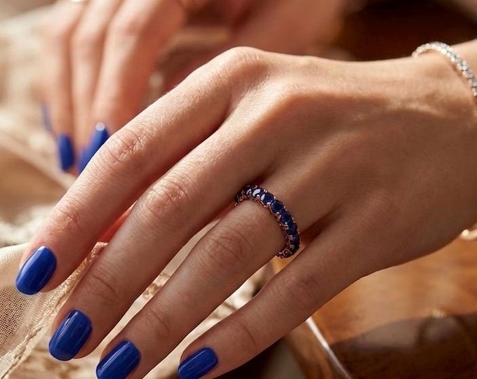 Blue Sapphire Eternity Ring 925 Sterling Silver Band Ring Gift for Her