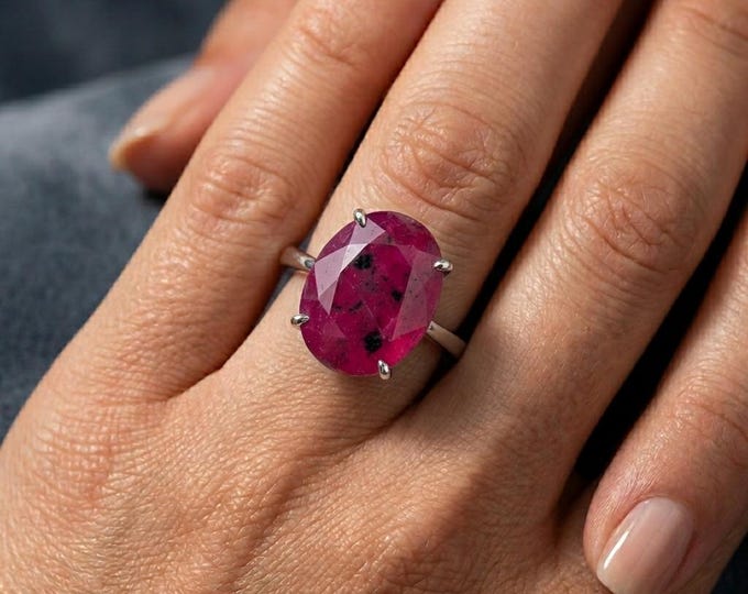 Natural Ruby Ring 925 Sterling Silver Oval Cut Ruby Minimalist Gemstone Ring Gift for Her