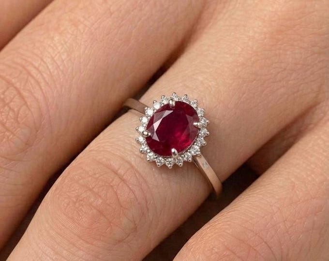 Natural Ruby Ring in Sterling Silver - Oval Red Gemstone Halo Engagement Style Ring