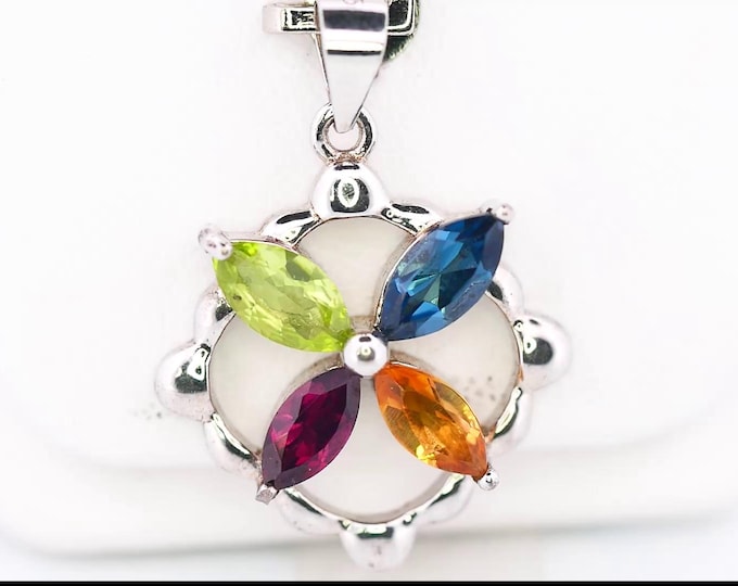 Multicolor Gemstone Flower Pendant 925 Sterling Silver Necklace Gift for Her