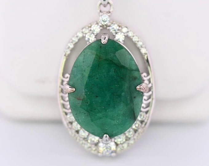 Natural Emerald Halo Pendant Sterling Silver Green Gemstone Necklace Vintage Style Jewelry Gift for Her