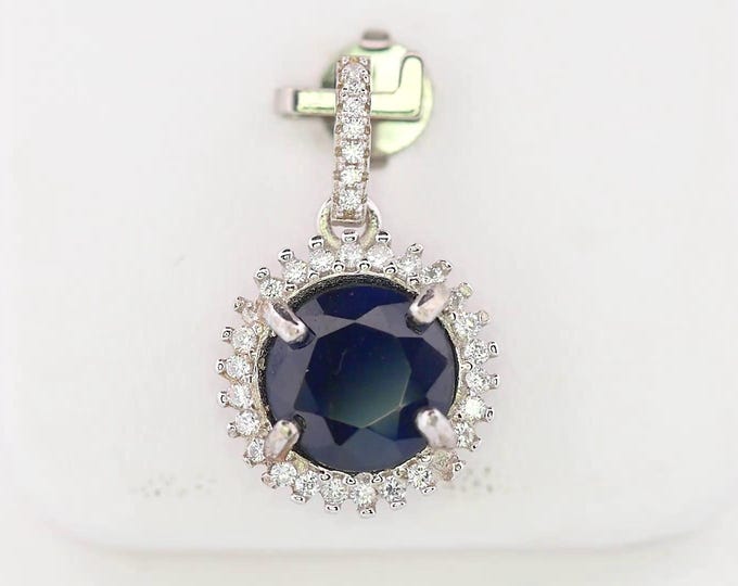 Natural Blue Sapphire Pendant 925 Sterling Silver Halo Sapphire Necklace Diamond Style Gift for Her Elegant Jewelry