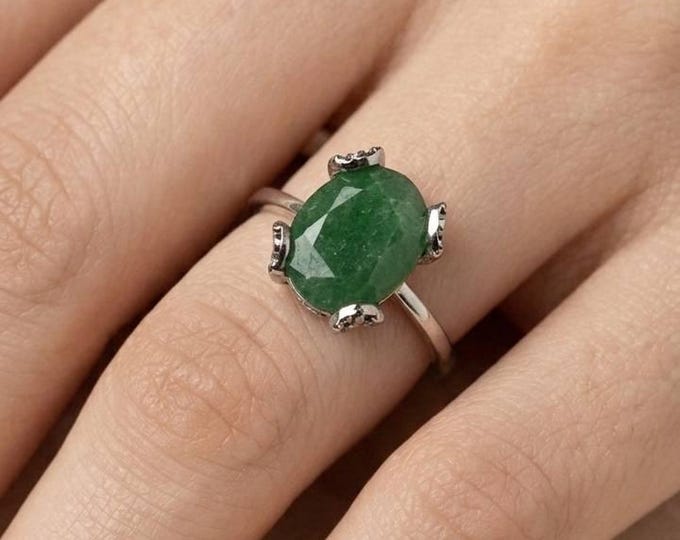 Natural Emerald Oval Cut Statement Ring, Sterling Silver Vintage Style Jewelry