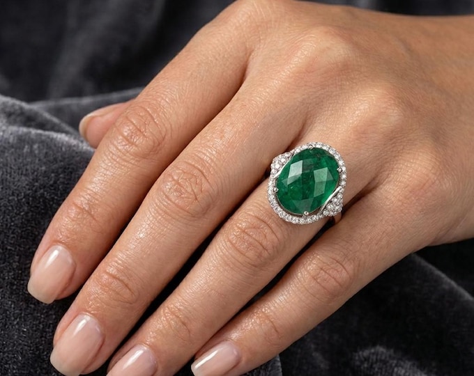 Natural Emerald Halo Ring Vintage Style Green Gemstone Ring Sterling Silver Statement Jewelry Gift for Her