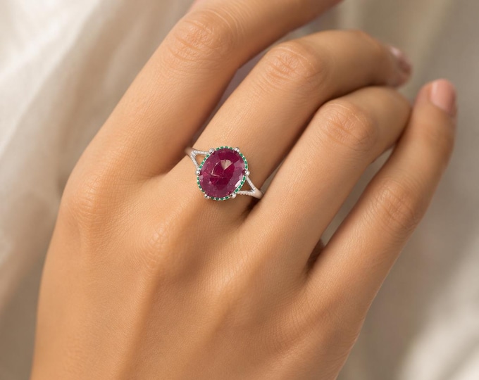 925 Sterling Silver Ruby Red Oval Ring Vintage Style Statement Ring Gift for Her