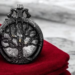 Tree of Life Vintage Pocket Watch – Black Quartz Fob Clock with Artistic Ink Sketch Dial & Necklace Chain. Timeless Gift for Men and Women.