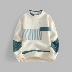 Men's Mock Neck Knitted Sweater – Stylish Patchwork Design, Casual Pullover for Autumn & Winter. Cozy and Warm, Perfect for Daily Wear.