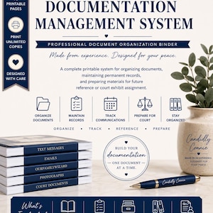 Könnte beinhalten: Ein Dokumentenmanagementsystem mit 15 druckbaren Seiten zur Organisation von Unterlagen. Der Text enthält Documentation Management System, Professional Document Organization Binder sowie Beschriftungen wie Text Messages und Court Documents.