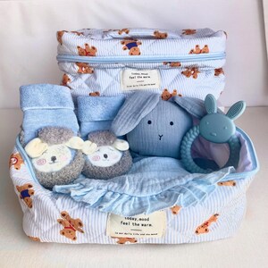 Baby gift box, birth box, baby birth gift, blue striped toiletry bag, rabbit comforter, teddy bear pattern bag...