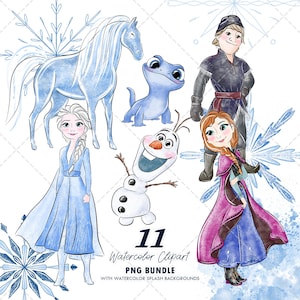 Può includere: Pacchetto di clipart ad acquerello con personaggi di un popolare film d'animazione. L'immagine include un cavallo, una lucertola, un pupazzo di neve e due personaggi femminili in abiti blu e rosa, insieme a un personaggio maschile. Il testo recita "11 Watercolor Clipart PNG Bundle".