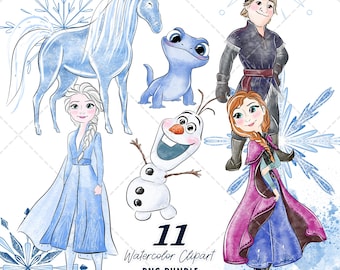 Frozen Clipart PNG Bundle, Watercolor Hand Drawn Illustrations, Digital Download
