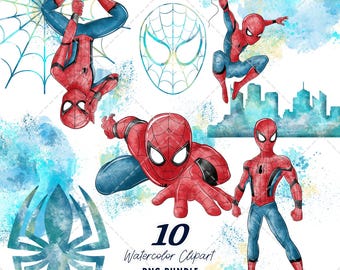 Spiderman Clipart PNG Bundle, Watercolor Hand Drawn Illustrations, Digital Download