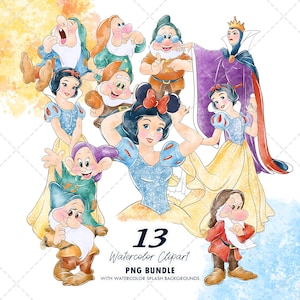 以下が含まれることがあります： 白雪姫、7人の小人、邪悪な女王を描いた水彩画のクリップアート。キャラクターは、水彩画のスプラッシュ背景を使用して、カラフルで気まぐれなスタイルで描かれています。「13 Watercolor Clipart PNG Bundle」というテキストも含まれています。