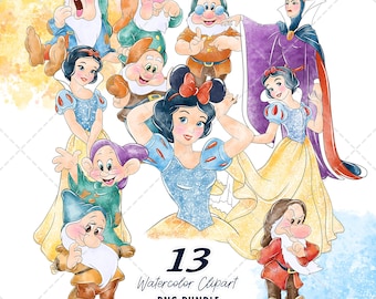 Snow White Clipart PNG Bundle, Watercolor Hand Drawn Illustrations, Digital Download