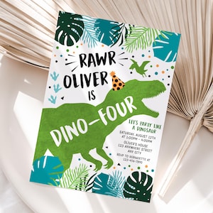 Gepersonaliseerde Dino-Fer verjaardagsuitnodiging | Afdrukbare dinosaurus vierde feestuitnodiging | Eenvoudig afdrukken en delen | Snelle levering