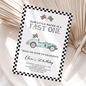 Gepersonaliseerde raceauto 1e verjaardagsuitnodiging | Afdrukbare racewagen snelle uitnodiging voor één feest | Eenvoudig afdrukken en delen | Snelle levering