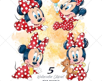 Baby Minnie Clipart PNG Bundle, Watercolor Hand Drawn Illustrations, Digital Download