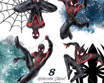 Miles Morales Clipart PNG Bundle, Watercolor Hand Drawn Illustrations, Digital Download
