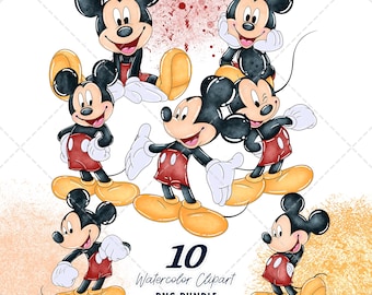 Mickey Mouse Clipart PNG Bundle, Watercolor Hand Drawn Illustrations, Digital Download