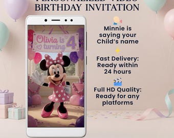 Gepersonaliseerde Minnie-verjaardagsvideo-uitnodiging, Minnie Mouse-uitnodiging voor feest (digitaal)