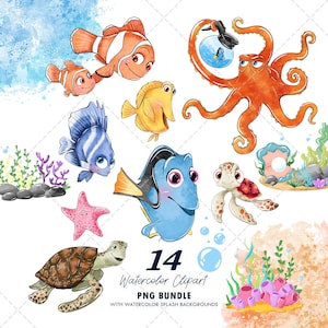 Puede incluir: Conjunto de imágenes prediseñadas de acuarela con varios personajes marinos, incluyendo peces payaso, un pez cirujano amarillo, un pez cirujano azul, un pulpo, una tortuga marina y una estrella de mar. Incluye el texto "14 Watercolor Clipart PNG Bundle".