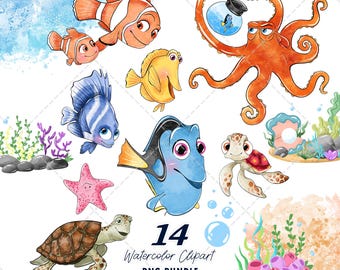 Dory Clipart PNG Bundle, Watercolor Hand Drawn Illustrations, Digital Download