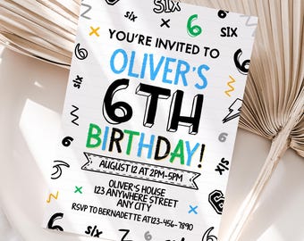 Preppy Doodle 6th Birthday Invitation – Personalized Kids Party Invite – 5x7 or 4x6 JPG/PDF Digital Download